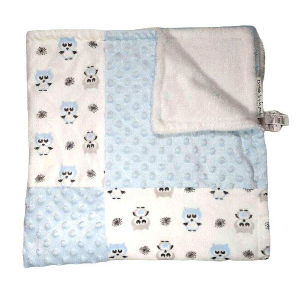 Blankets & Beyond Blue OWL Patchwork White Blanket Lovey Raised Minky Dots Baby